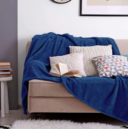 Waffle fleece blanket bed throw dark blue