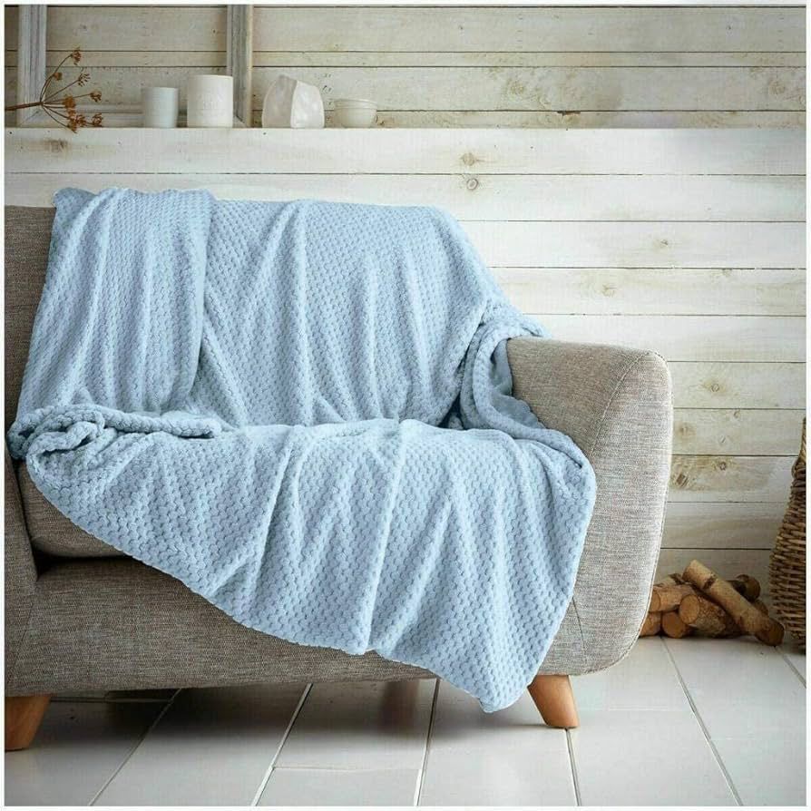 Waffle fleece blanket bed throw sky blue