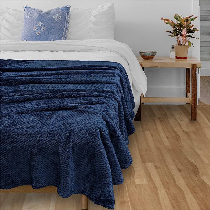 Waffle fleece blanket bed throw dark blue