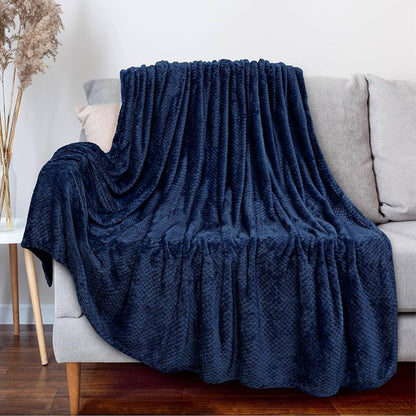 Waffle fleece blanket bed throw dark blue