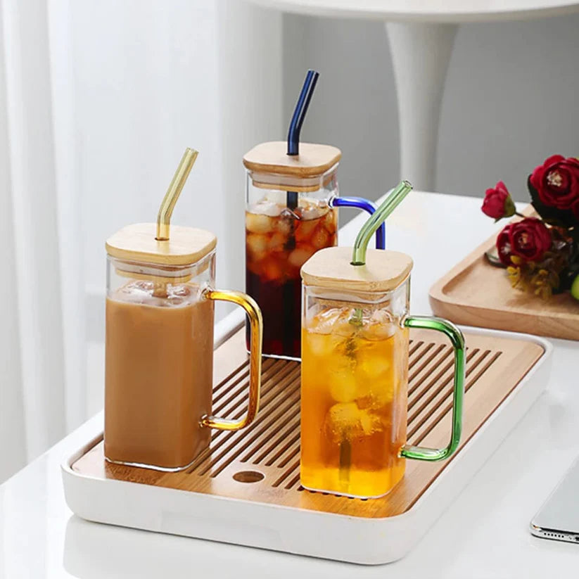 "Square Glass Cup With Bamboo Lid and Straw"