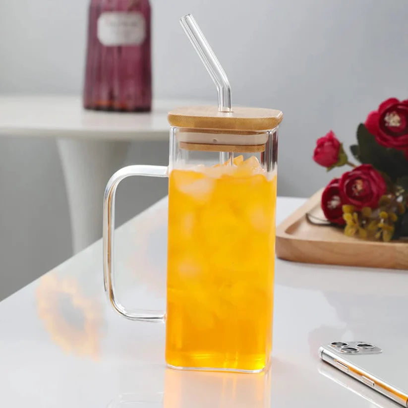 "Square Glass Cup With Bamboo Lid and Straw"